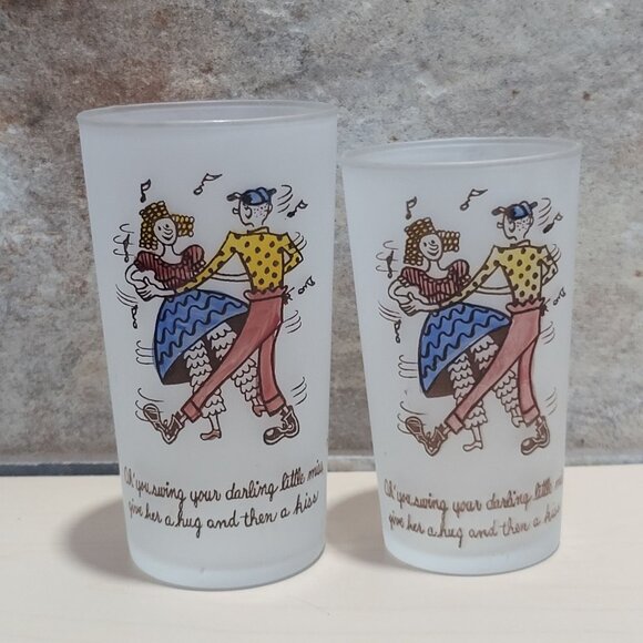 Vintage Square Dance Highball Federal Frosted Glass Tumblers Set of 2 - Picture 1 of 9